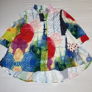 Creation Art Attack Womens L Blouse 3/4 Sleeve Toggle Button Wire Collar Top EUC